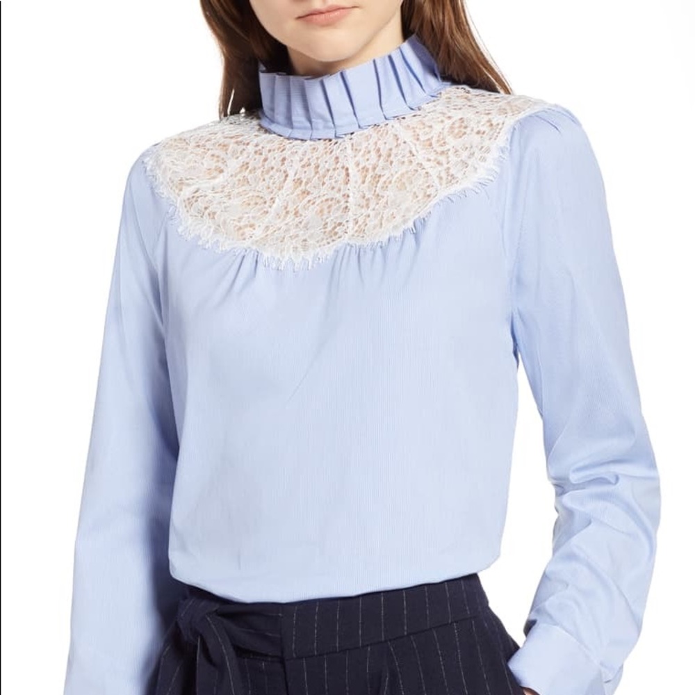 Halogen Lace Yoke Poplin Pinstripe Blouse